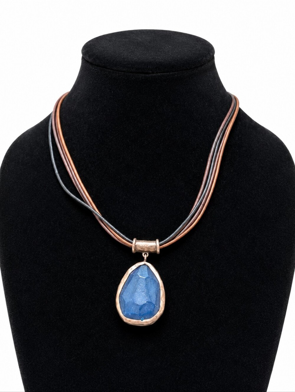 Blue Faceted Teardrop Pendant Necklace Multi Strand Cord Silver Tone Statement